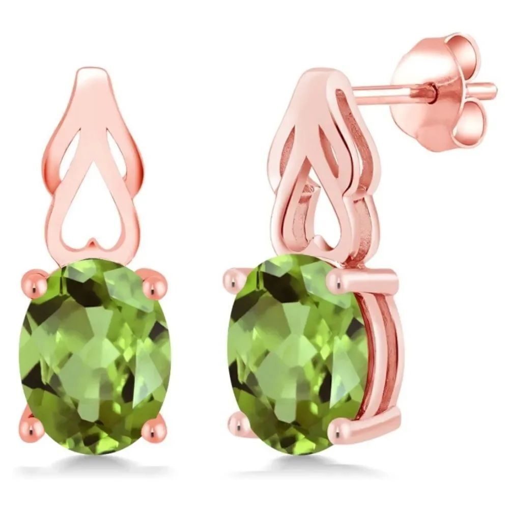 18K Rose Gold 925 with 3.60 Cttw Peridot Oval Post Back Drop Earrings